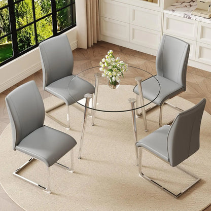 Glass Dining Table Set For 4, Round Table And Chairs With Faux