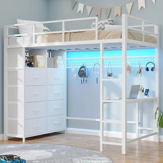 Twin Loft Bed with LED Lights & Charging Station with Desk & Tall Dresser