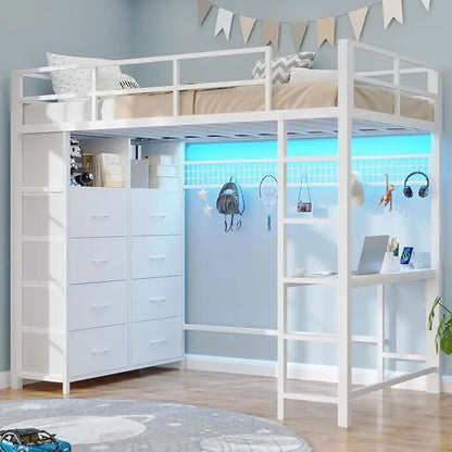 Twin Loft Bed with LED Lights & Charging Station with Desk & Tall Dresser