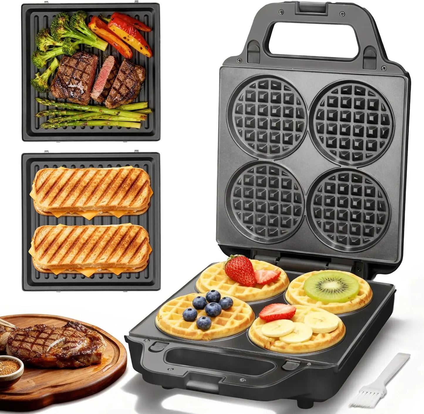 2 in 1 Mini Waffle Maker with Removable Plates and Panini Press Sandwich Maker