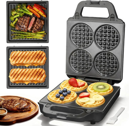 2 in 1 Mini Waffle Maker with Removable Plates and Panini Press Sandwich Maker