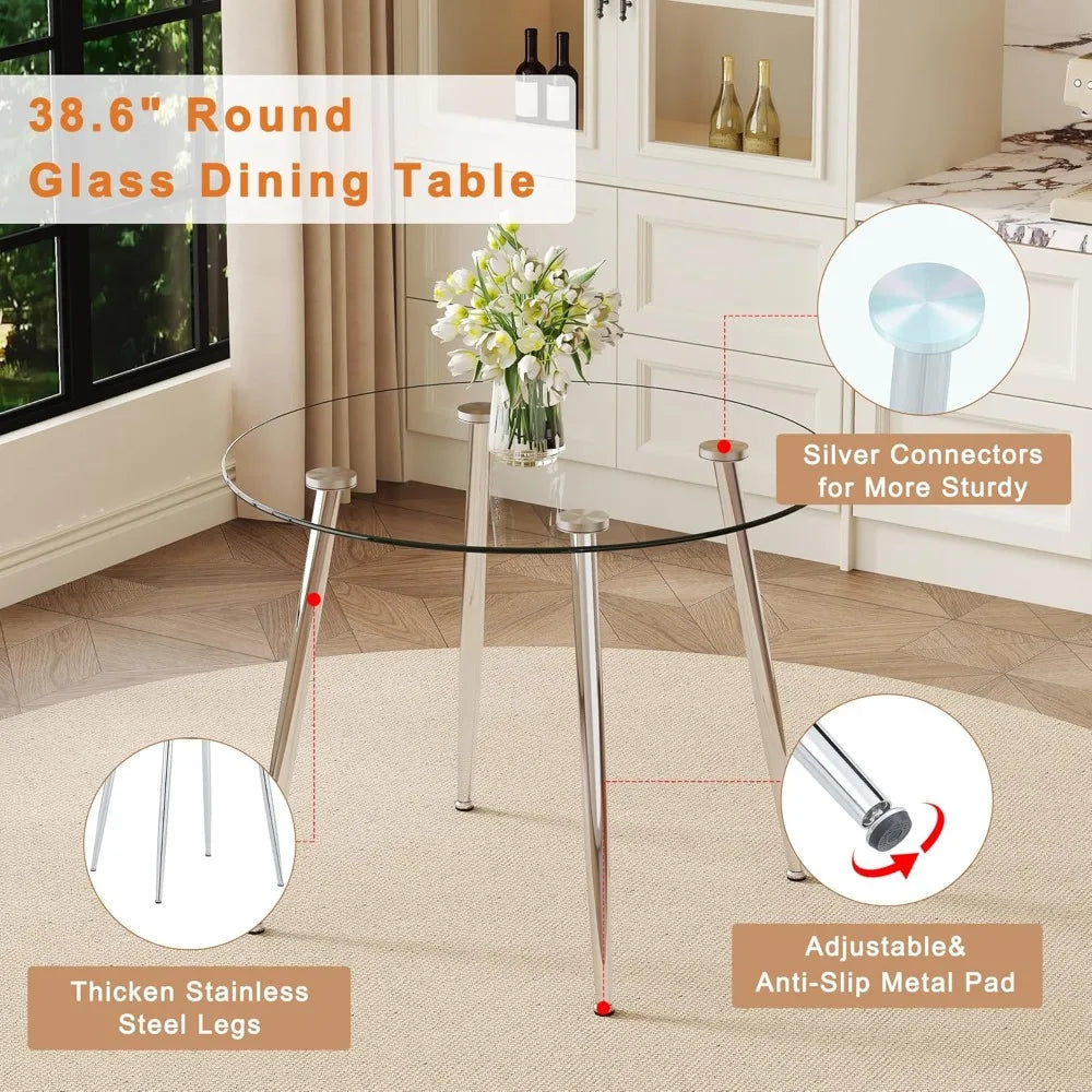Glass Dining Table Set For 4, Round Table And Chairs With Faux