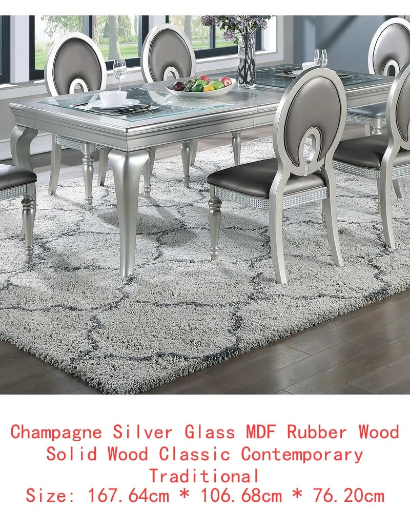 7pc Rectangular Glass Dining Table Set w/ Silver Hue & 6 Tufted Side Chairs