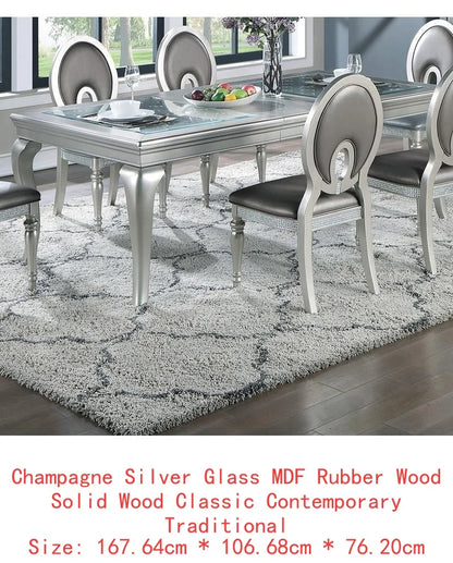 7pc Rectangular Glass Dining Table Set w/ Silver Hue & 6 Tufted Side Chairs