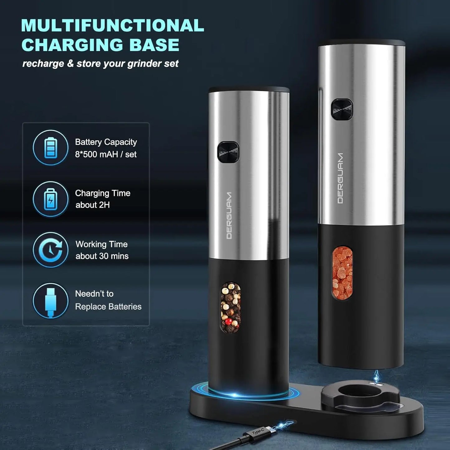 Electric Salt and Pepper Grinder Set with Charging Base