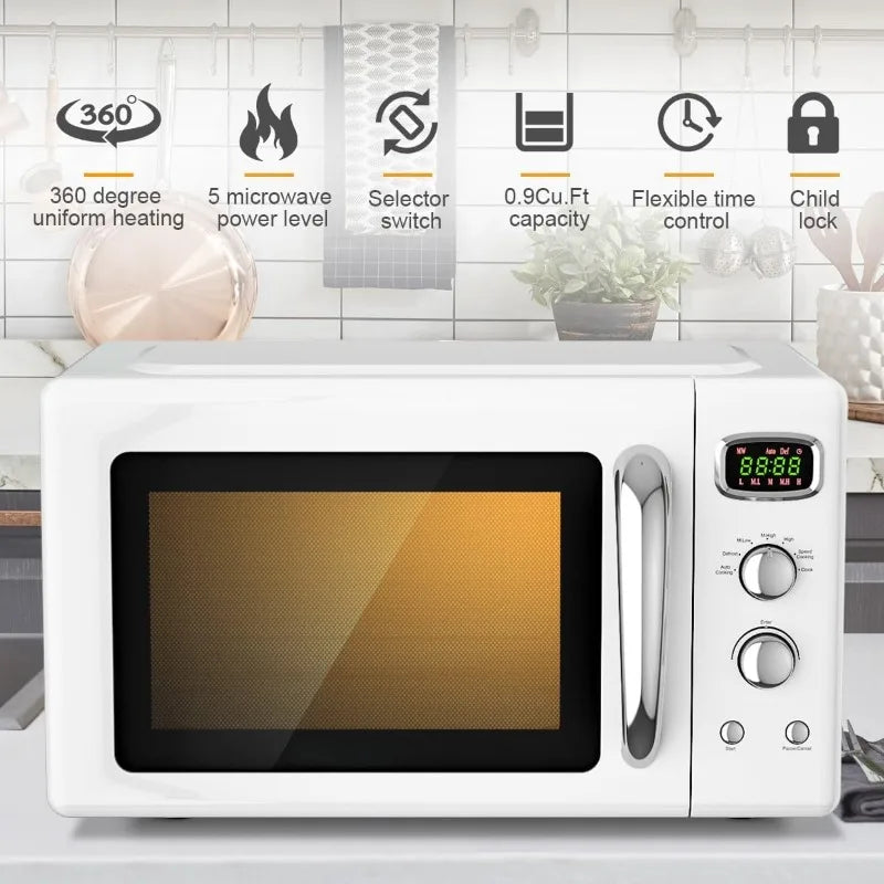 Retro Countertop Microwave Oven, Defrost & 8 Auto-cooking Programs