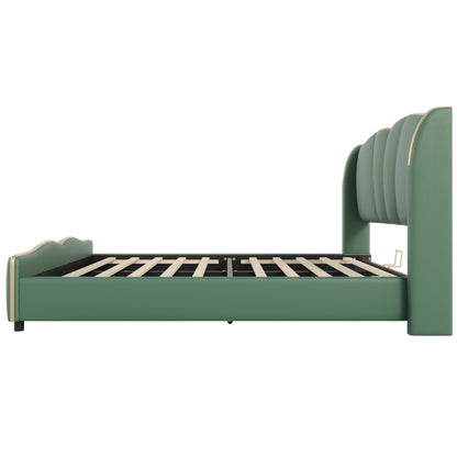 Leather Upholstered Bed Frame with Wingback Head board,