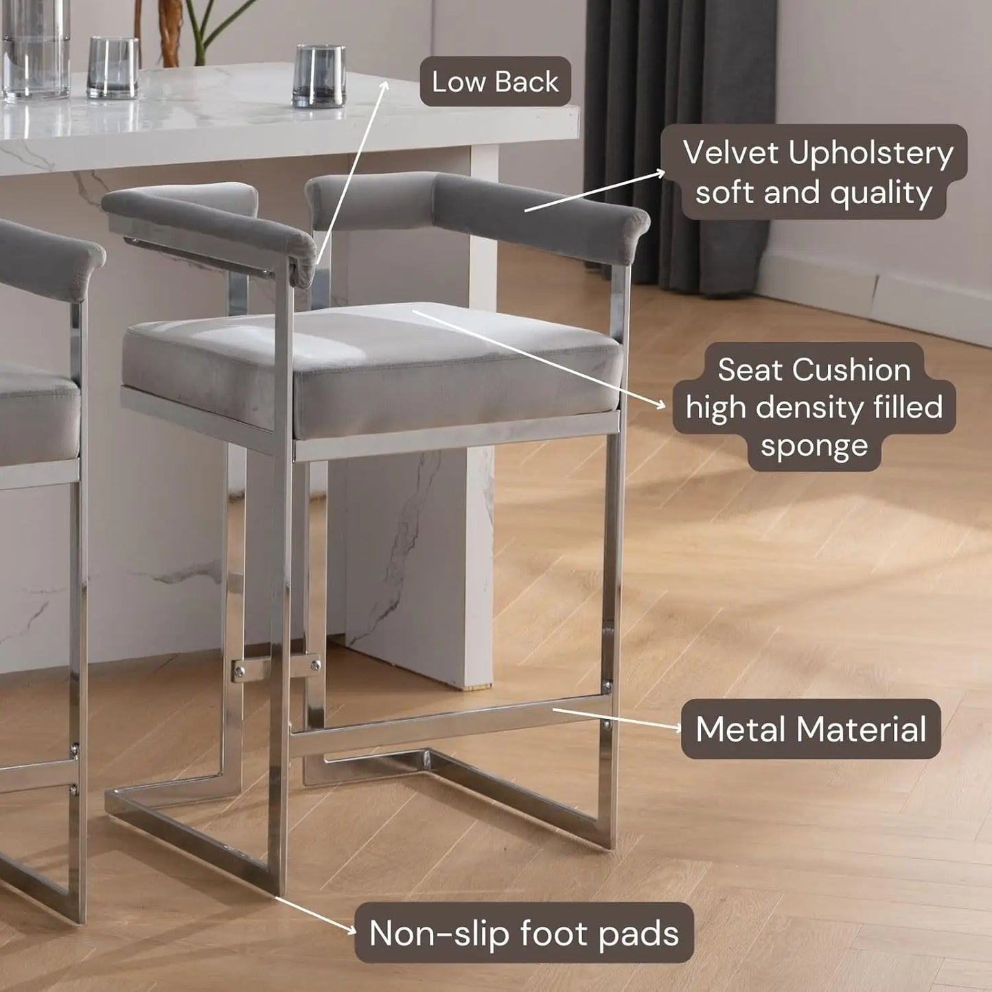 26", Chrome Finish Metal, Modern Bar Counter Height Stool, Set of 2