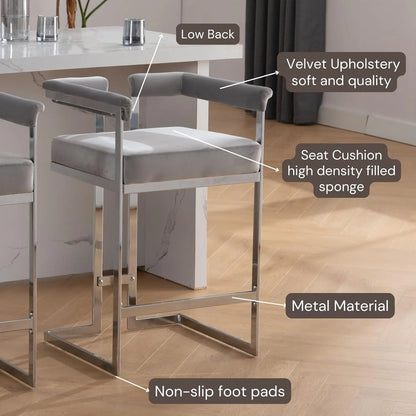 26", Chrome Finish Metal, Modern Bar Counter Height Stool, Set of 2