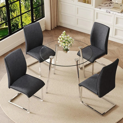 Glass Dining Table Set For 4, Round Table And Chairs With Faux
