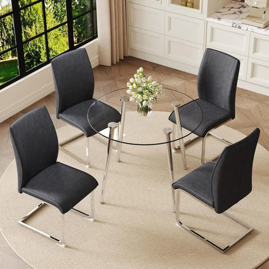 Glass Dining Table Set For 4, Round Table And Chairs With Faux