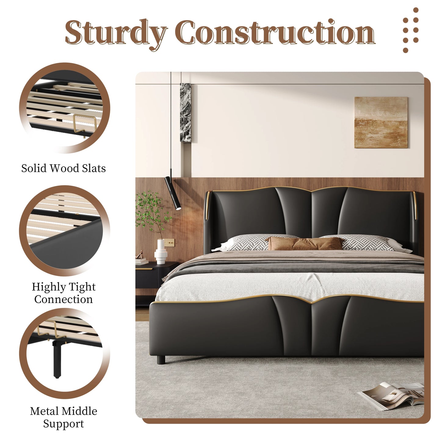 Leather Upholstered Bed Frame with Wingback Head board,