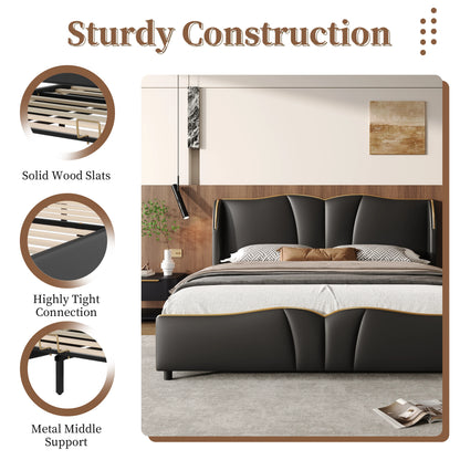 Leather Upholstered Bed Frame with Wingback Head board,