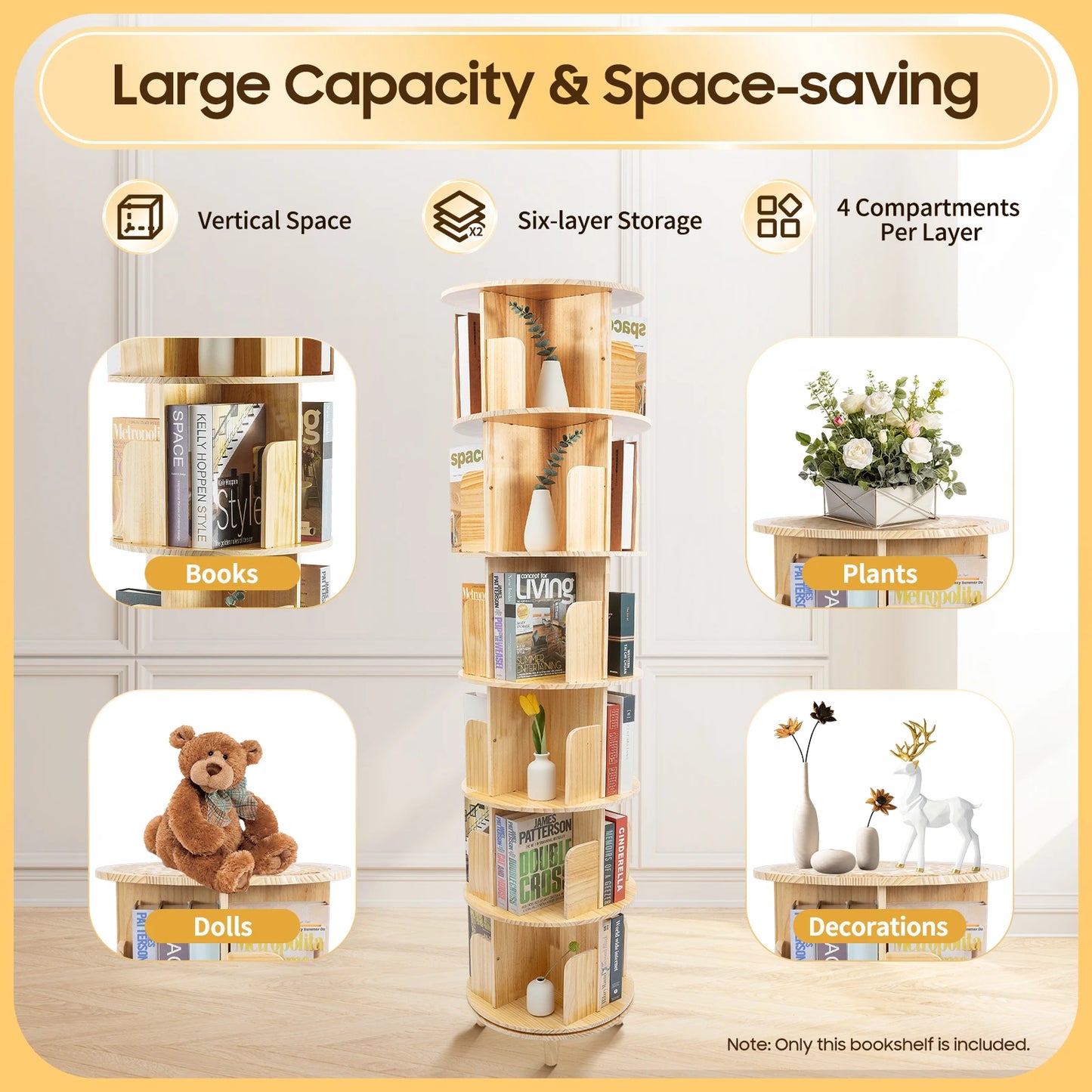 Rotating Bookshelf 6 Tiers Pine Wood