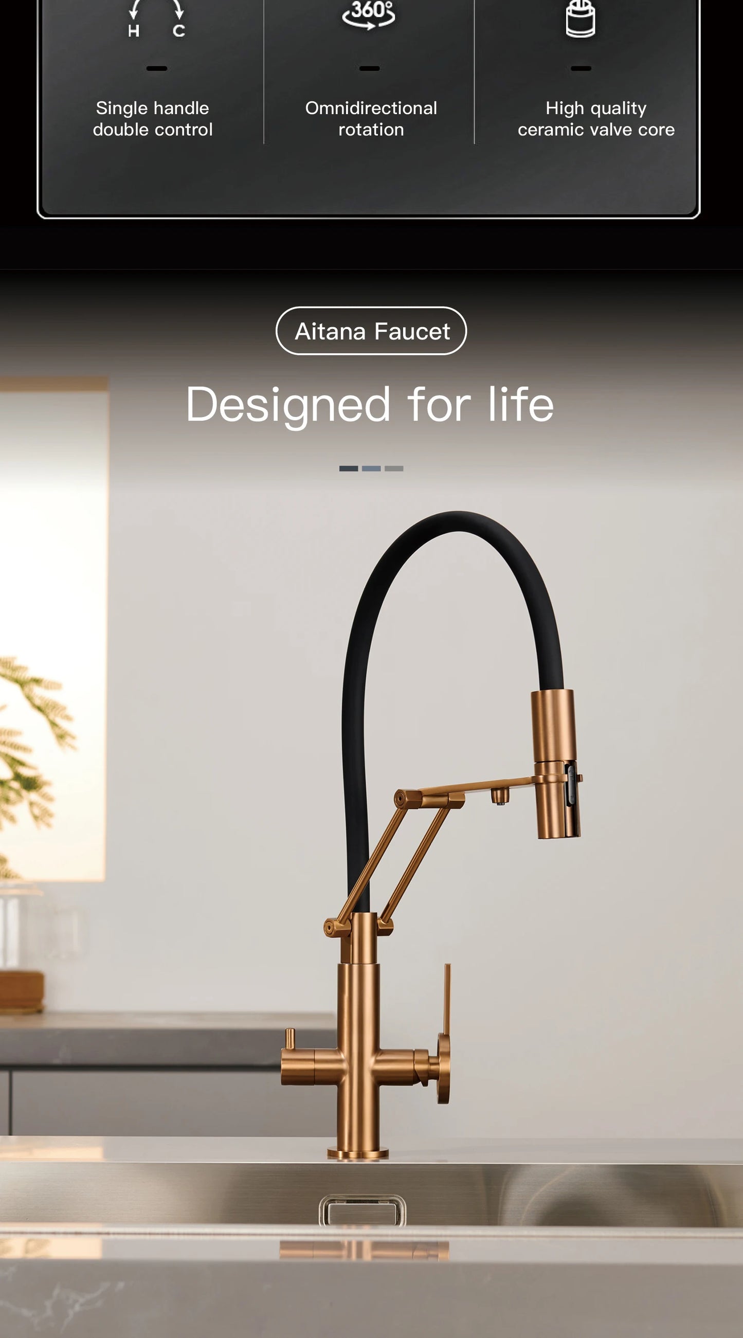 Gun gray brass island style kitchen faucet with filtered Water, Pull out Sprayer, 2-function sink Mixer