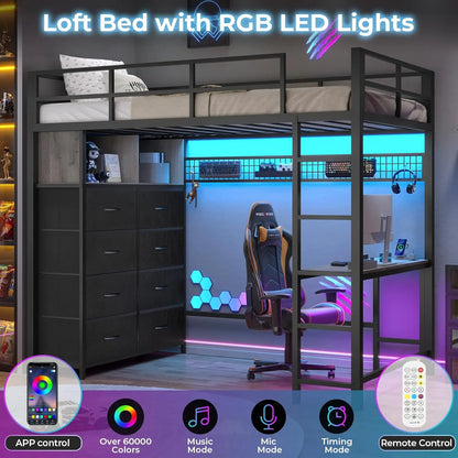 Twin Loft Bed with LED Lights & Charging Station with Desk & Tall Dresser