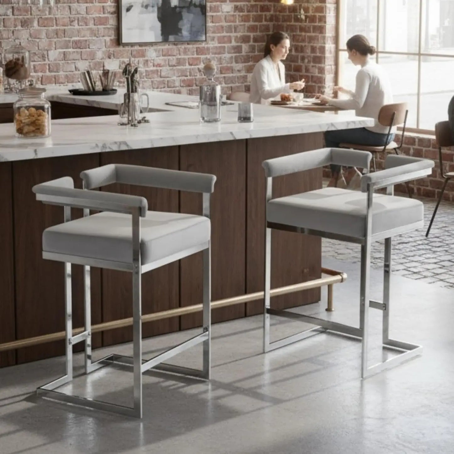 26", Chrome Finish Metal, Modern Bar Counter Height Stool, Set of 2