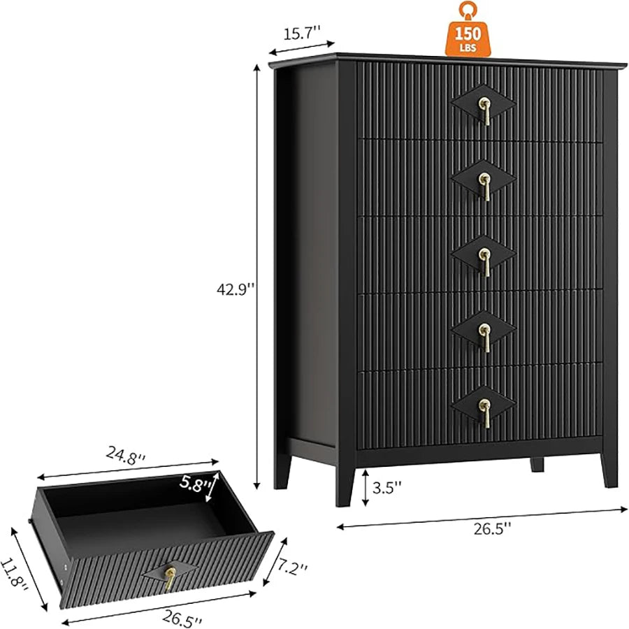 42.9" Tall, Fluted 5 Drawers Dresser, Modern Chest of Drawers with Metal Handle