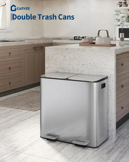 Step Trash Bin for Dual Compartment Recycling Stainless Steel Trash and Recycle Bin