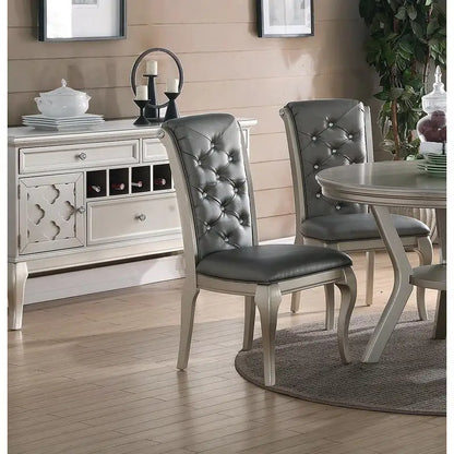 7pc Rectangular Glass Dining Table Set w/ Silver Hue & 6 Tufted Side Chairs