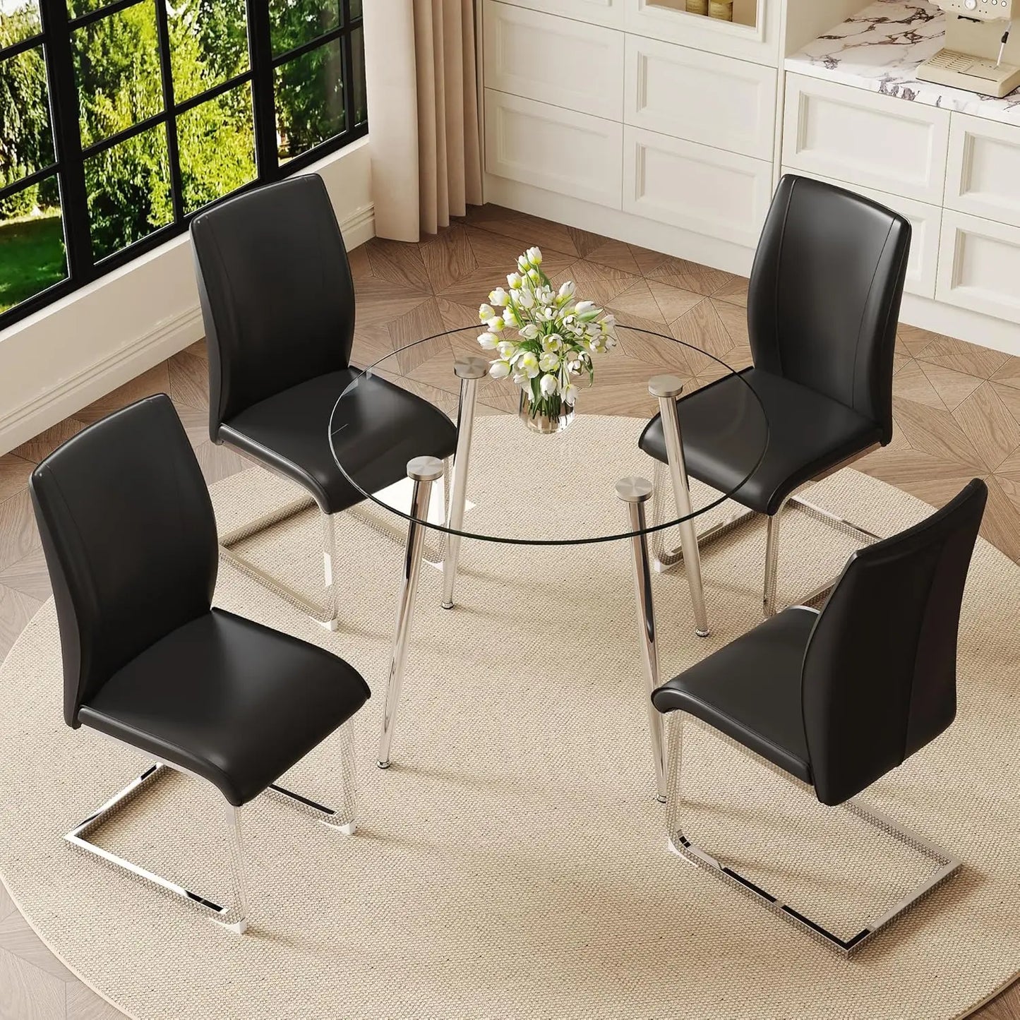 Glass Dining Table Set For 4, Round Table And Chairs With Faux
