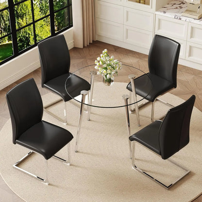 Glass Dining Table Set For 4, Round Table And Chairs With Faux