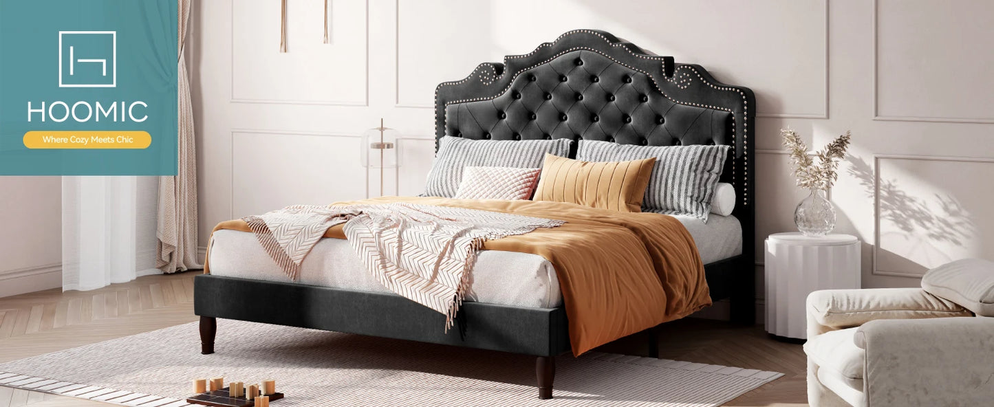 Full/Queen/King Size Velvet Bed Frame with Adjustable Tiara Headboard