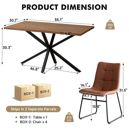 55" Wood Kitchen or Dining Table Set for 4, with 4 Synthetic Leather Chairs, Metal Legs