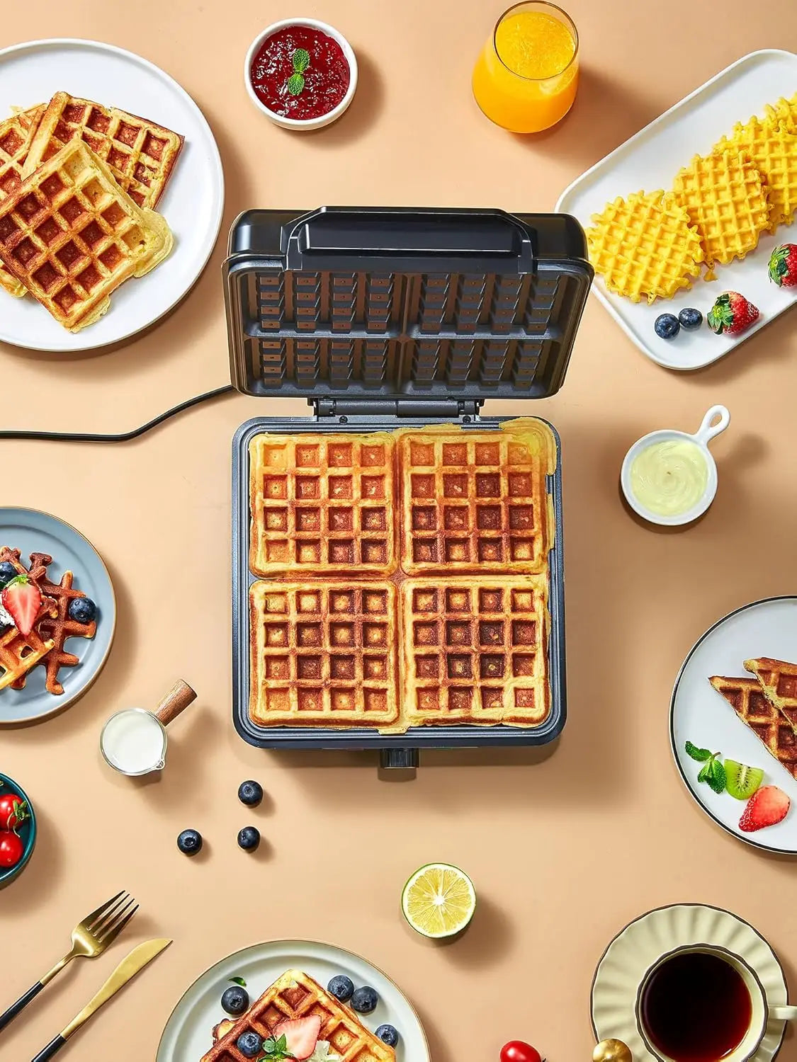 Belgian Waffle Maker 4 Slices, Nonstick Plates, Indicator