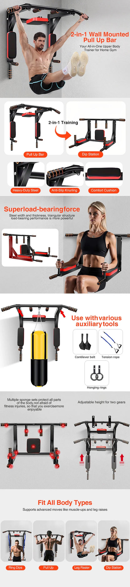 Multifunctional wall-mounted pull-up bar, pull-up fitness support.
