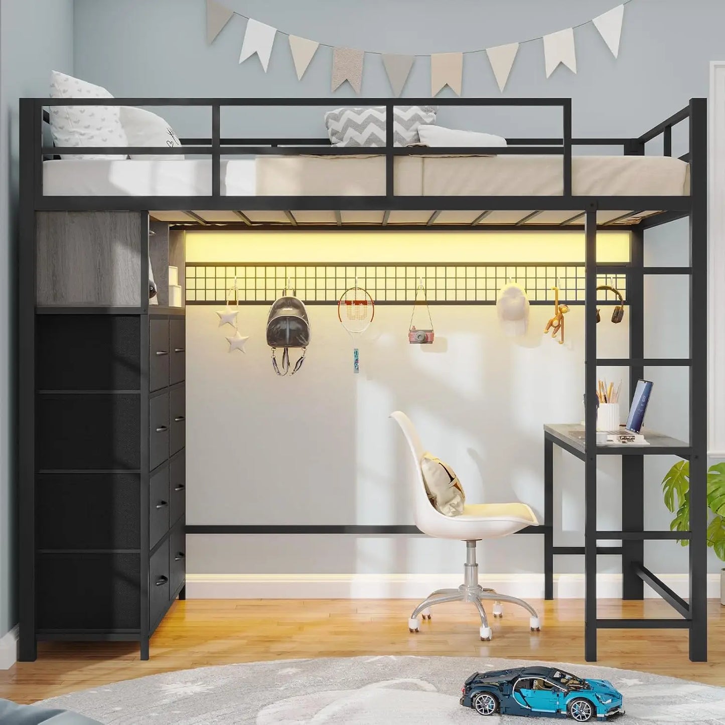 Twin Loft Bed with LED Lights & Charging Station with Desk & Tall Dresser