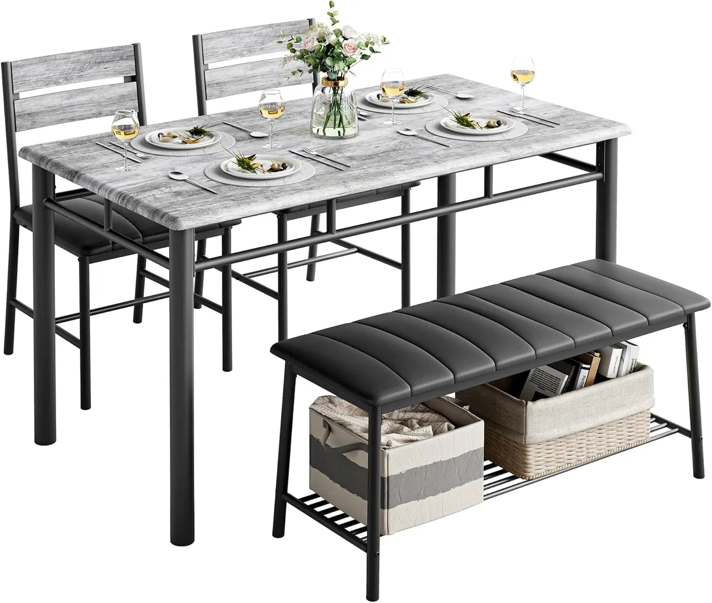 Dining Table Set for 4 with Upholstered Bench and 2 Chairs