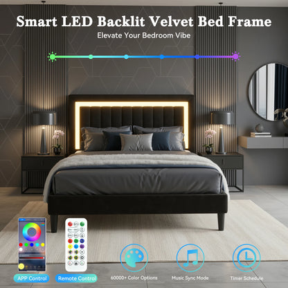 Full/Queen/King Velvet Platform Bed Frame with RGB LED Headboard