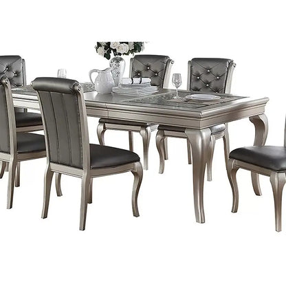 7pc Rectangular Glass Dining Table Set w/ Silver Hue & 6 Tufted Side Chairs
