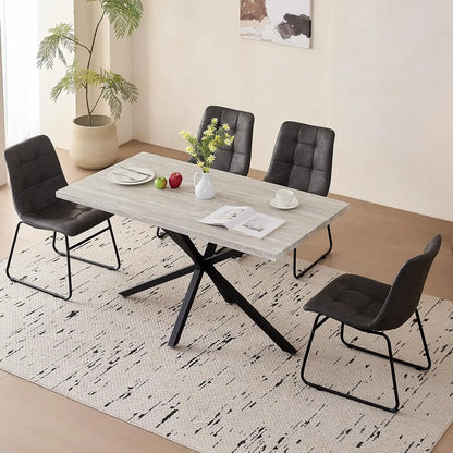 55" Wood Kitchen or Dining Table Set for 4, with 4 Synthetic Leather Chairs, Metal Legs