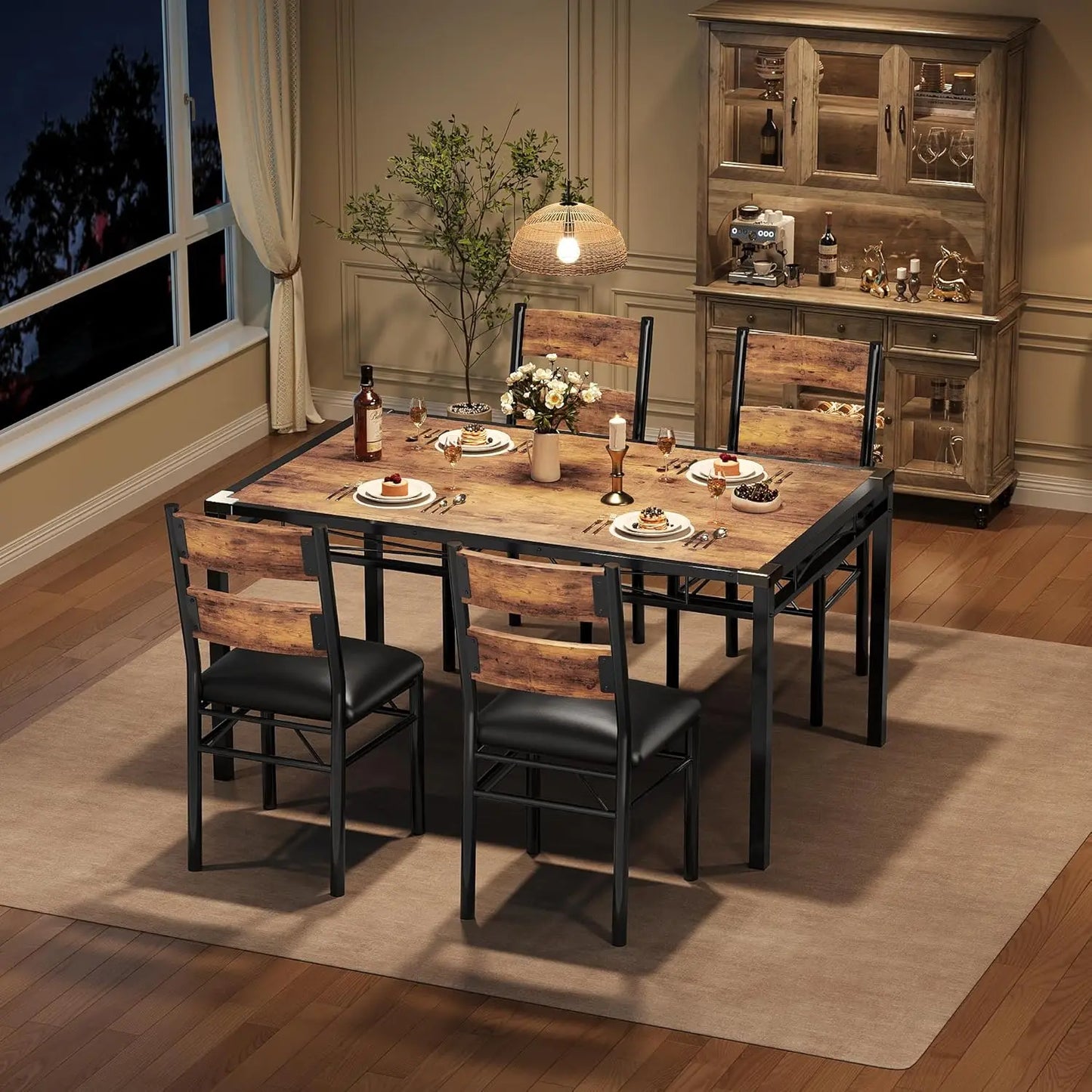 Dining Table Set for 4, Wood Kitchen Table with Corner Protector  with 4 Upholstered Chairs