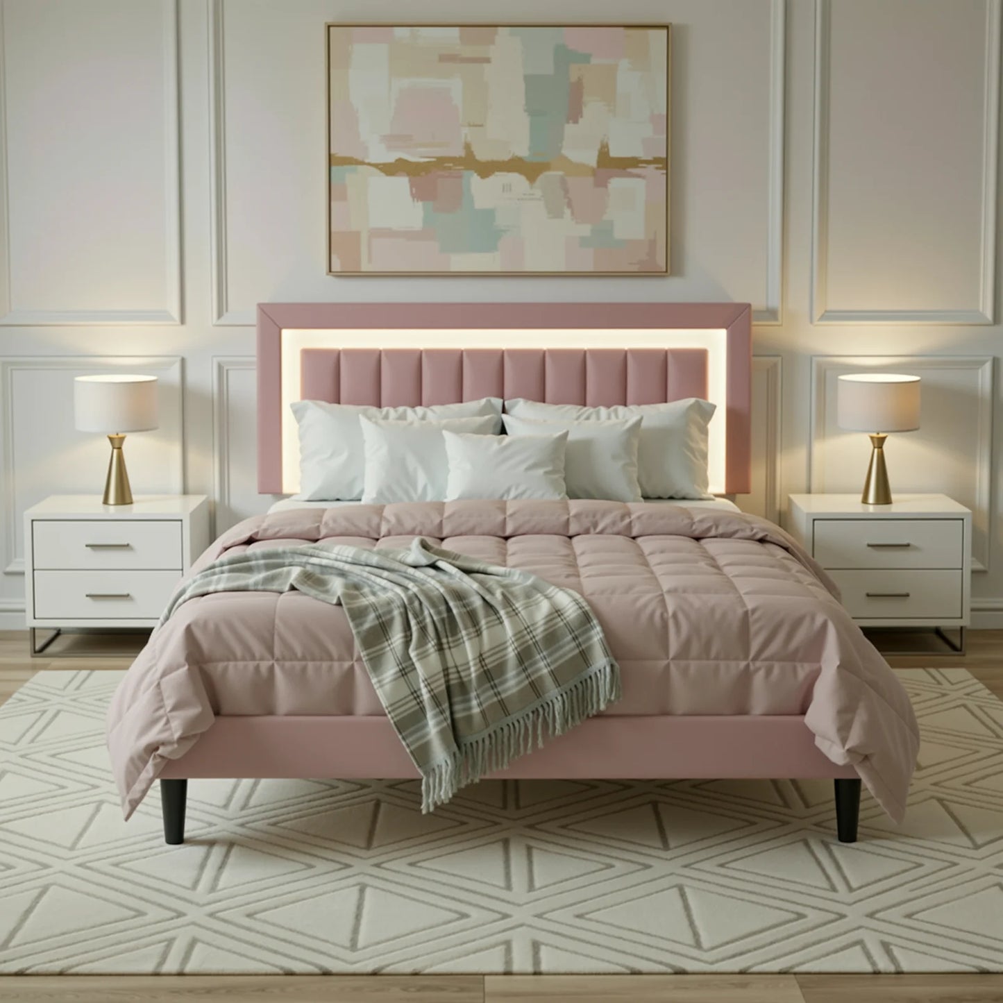 Full/Queen/King Velvet Platform Bed Frame with RGB LED Headboard