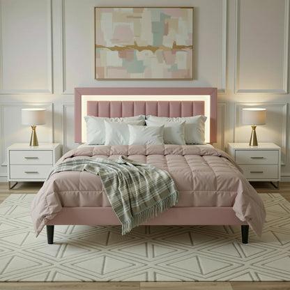 Full/Queen/King Velvet Platform Bed Frame with RGB LED Headboard
