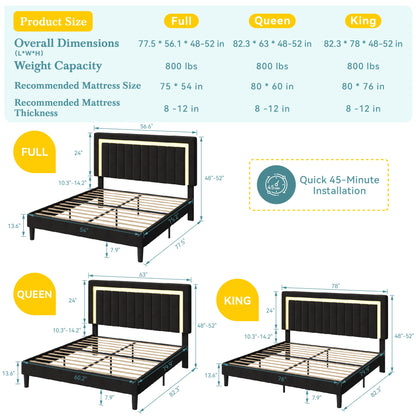 Full/Queen/King Velvet Platform Bed Frame with RGB LED Headboard
