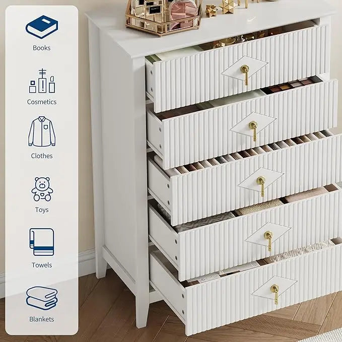 42.9" Tall, Fluted 5 Drawers Dresser, Modern Chest of Drawers with Metal Handle