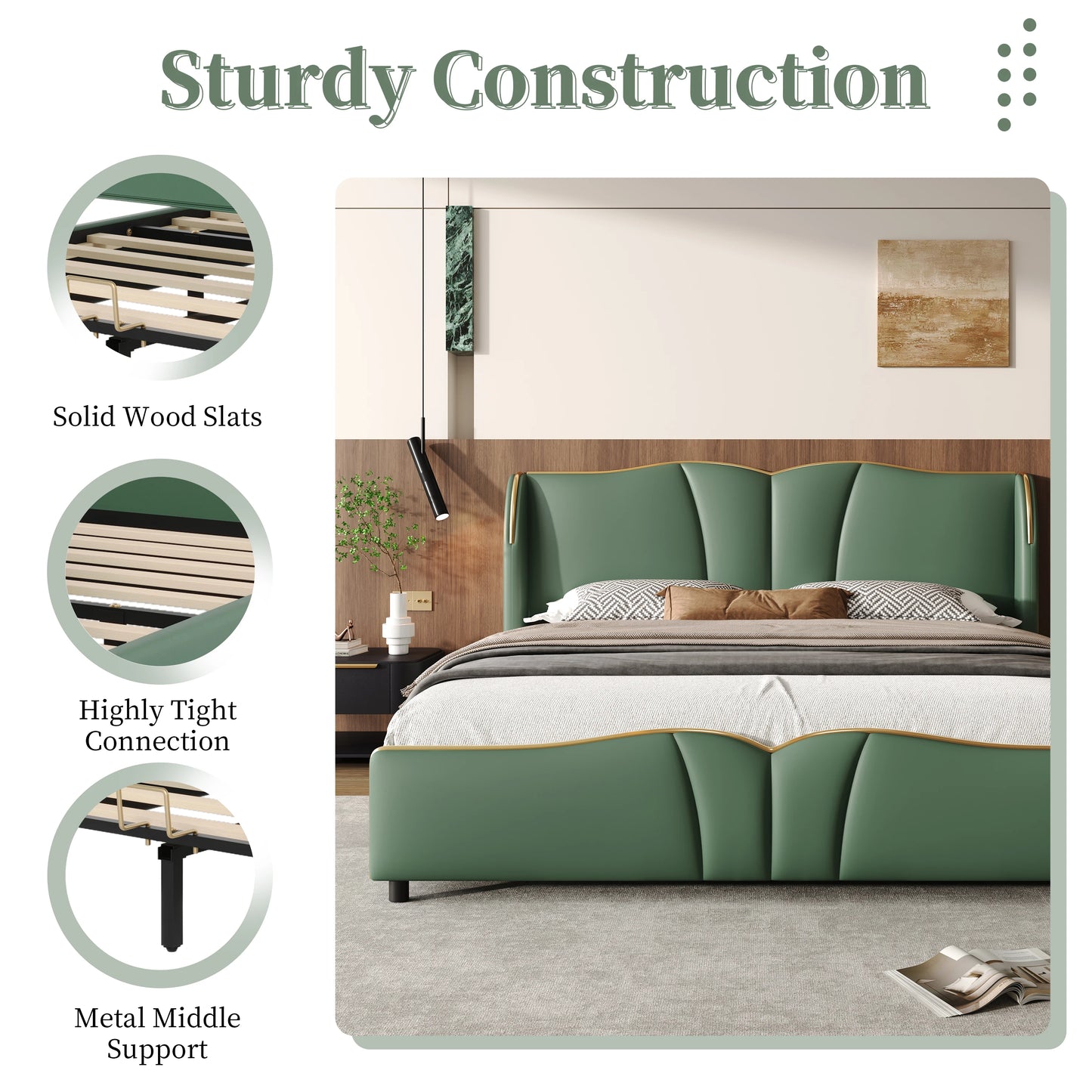 Leather Upholstered Bed Frame with Wingback Head board,