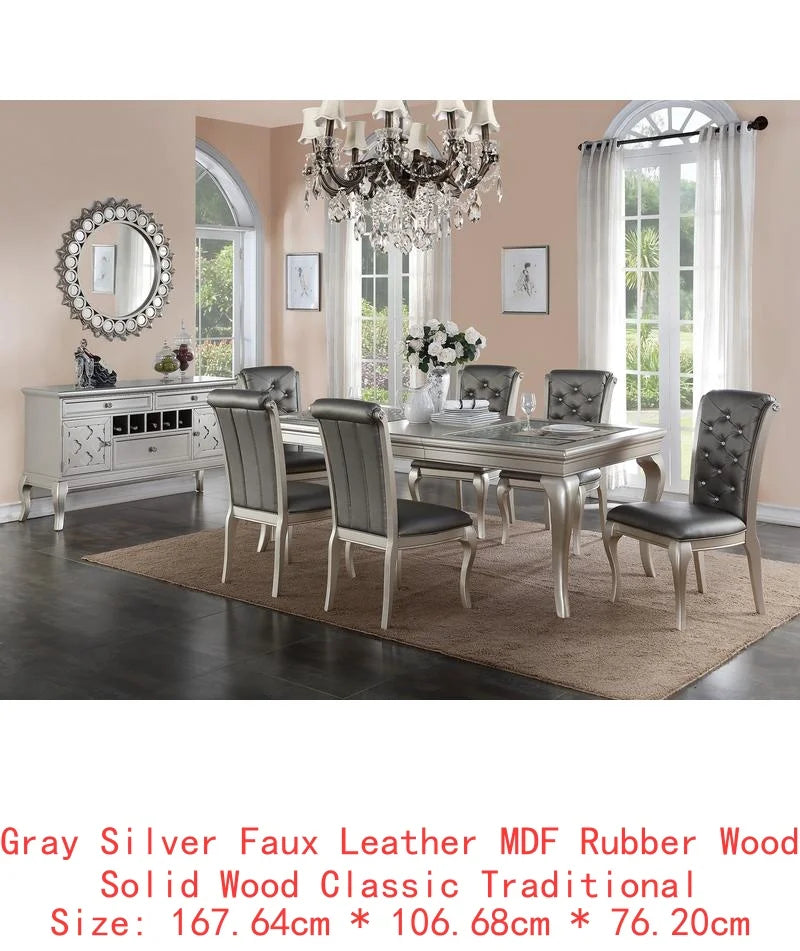 7pc Rectangular Glass Dining Table Set w/ Silver Hue & 6 Tufted Side Chairs