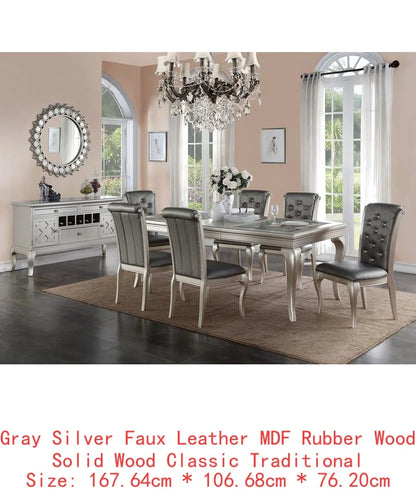 7pc Rectangular Glass Dining Table Set w/ Silver Hue & 6 Tufted Side Chairs